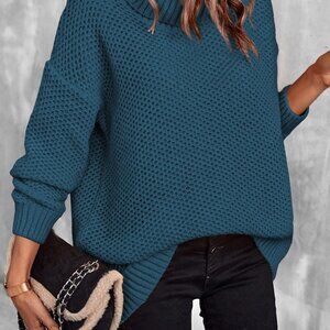 Blue Casual Womens Turtleneck Drop Shoulder Pointelle Knit Sweater